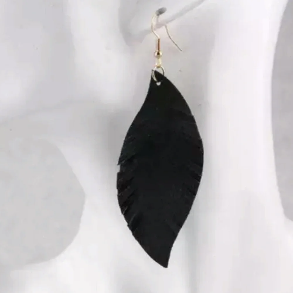 NEW in BOX Bohemia Genuine Leather Leaf Earrings in Black